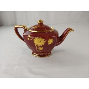 Vintage Mid-Century Burgundy Teapot w/ Gold Floral & Trim Design Made In England